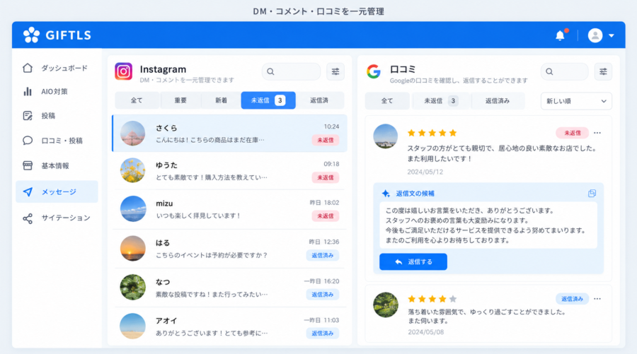 DM・コメント・口コミへの対応をGIFTLsで管理しているイメー―ジ画像